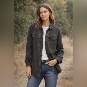 Topshop Moto Washed Black Denim Shirt Jacket Utility Button Up Womens US 8